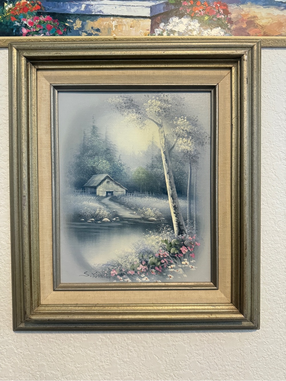 Vintage Oil on Canvas Painting Signed Sue Young Mystic Cabin By Lake